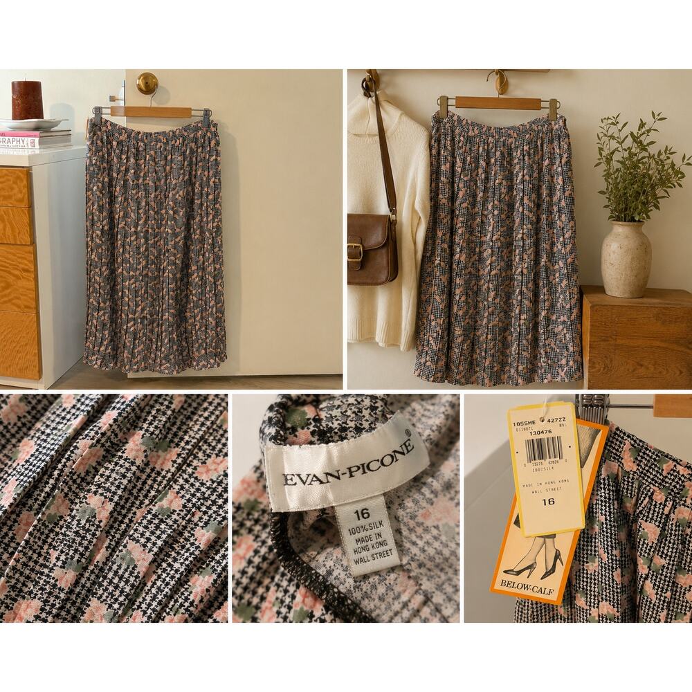 ✨ Vintage Evan Picone 100% Silk Pleated Midi Skirt Floral Houndstooth Size 16